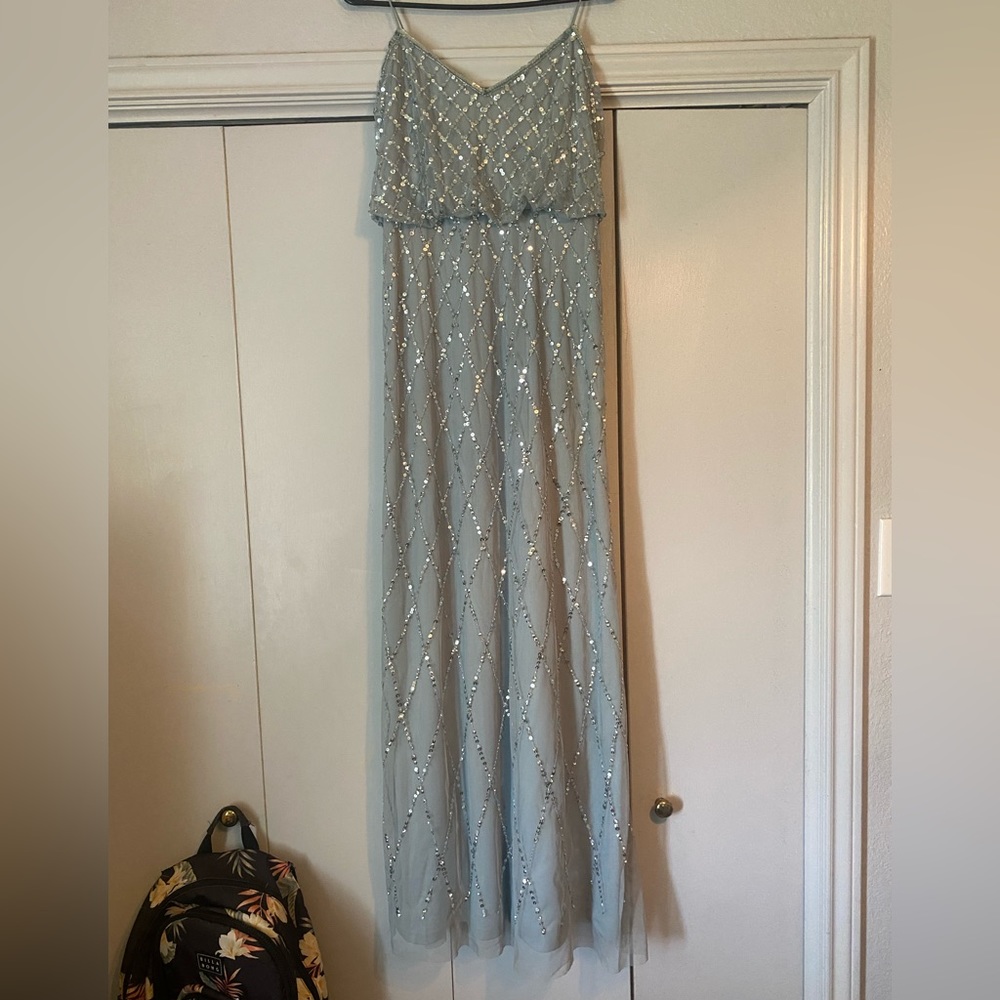 Dusty blue sequin bridesmaids dress